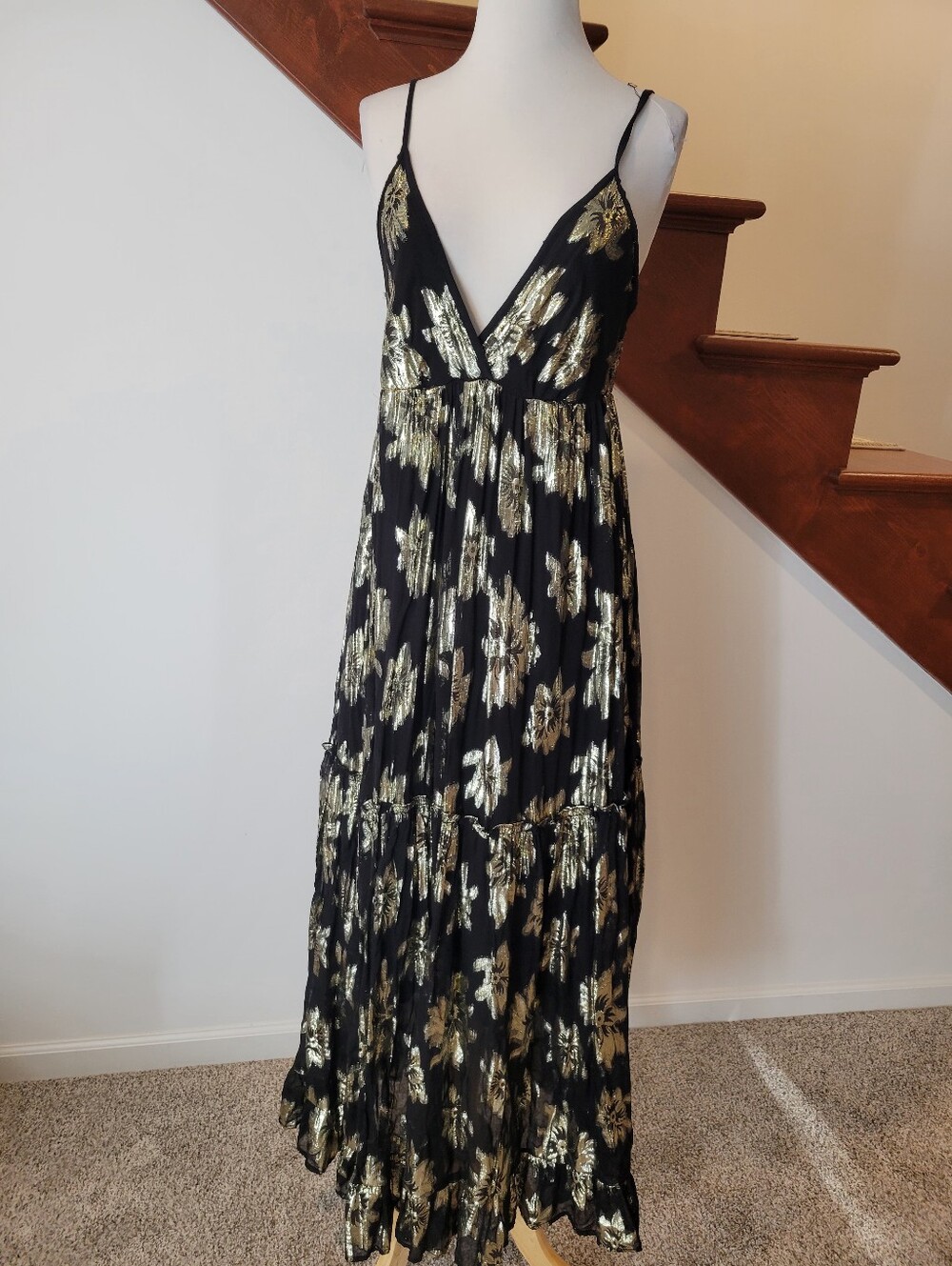 GOA Black and Gold Floral Maxi Dress Elegant Spaghetti Strap Boho Dress Size M